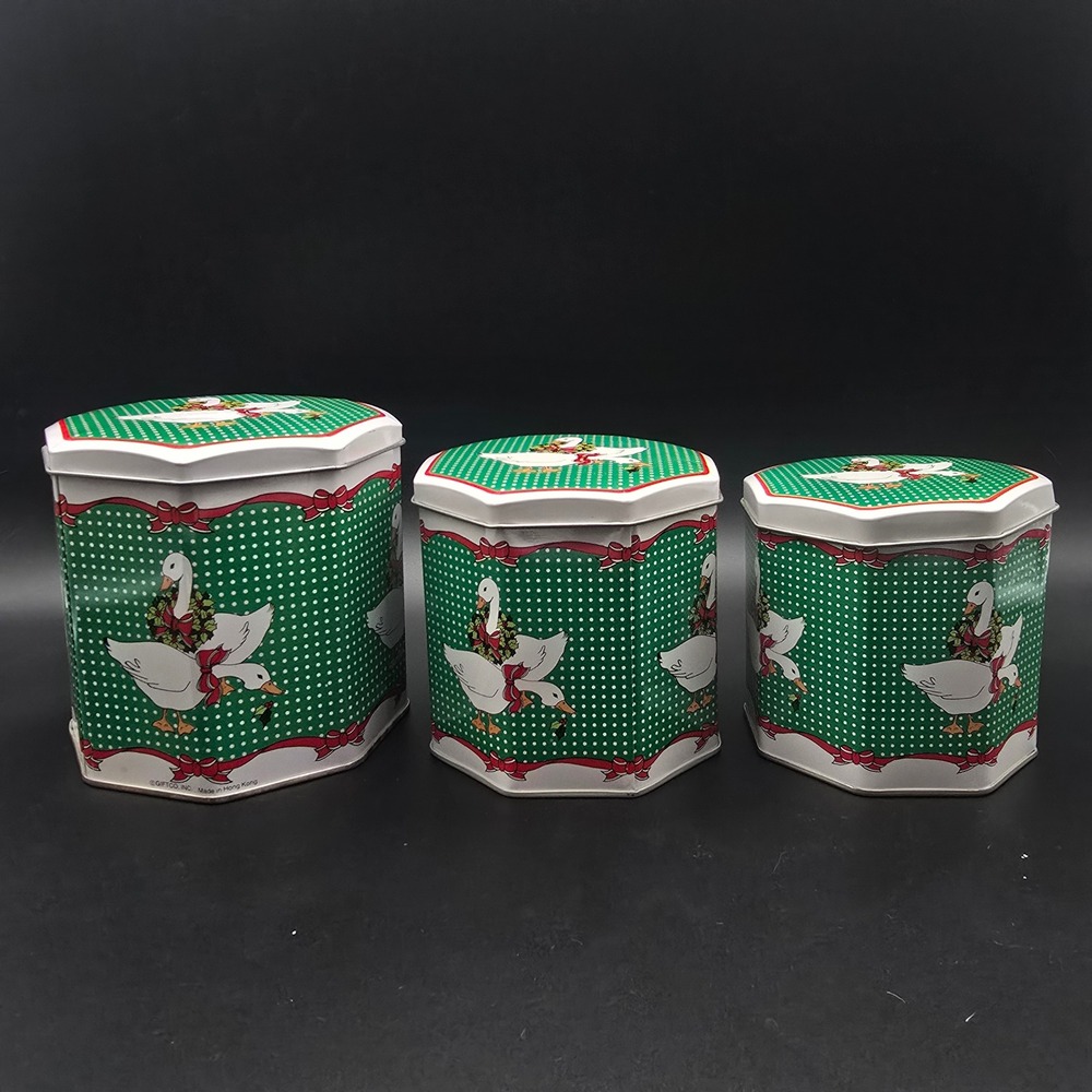 Vintage Giftco Christmas Goose Nesting Tins Green Polka Dot Set of 3